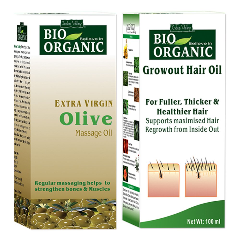 INDUS VALLEY 100% Organic Olive Oil Massage Oil & Growout Hair Oil (100ml+100ml= 200ml)