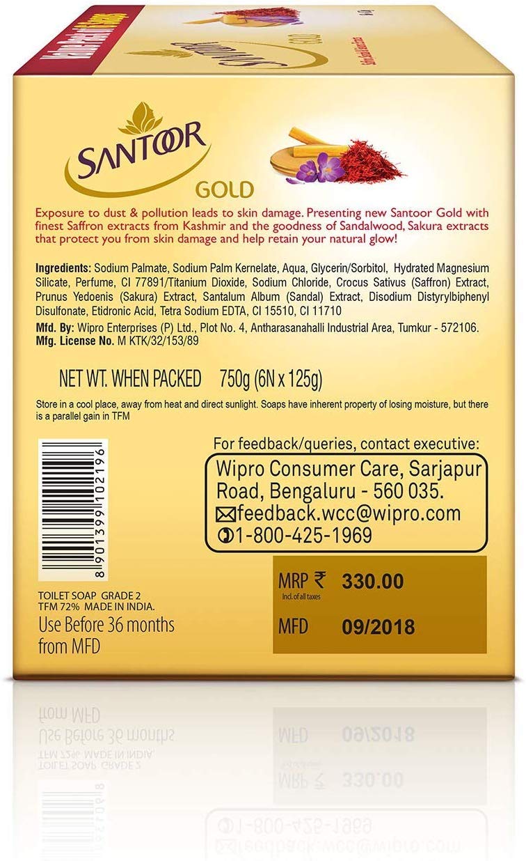 Santoor Gold Soap With Saffron, Sandal & Sakura Extracts, 125G (Pack Of 6) And Sandal & Almond Milk Soap, 150 G (Pack Of 6)