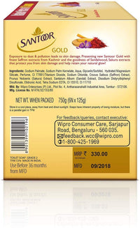 Santoor Gold Soap With Saffron, Sandal & Sakura Extracts, 125G (Pack Of 6) And Classic Gentle Hand Wash, 215Ml (Pack Of 2) With Natural Goodness Of Sandalwood & Tulsi