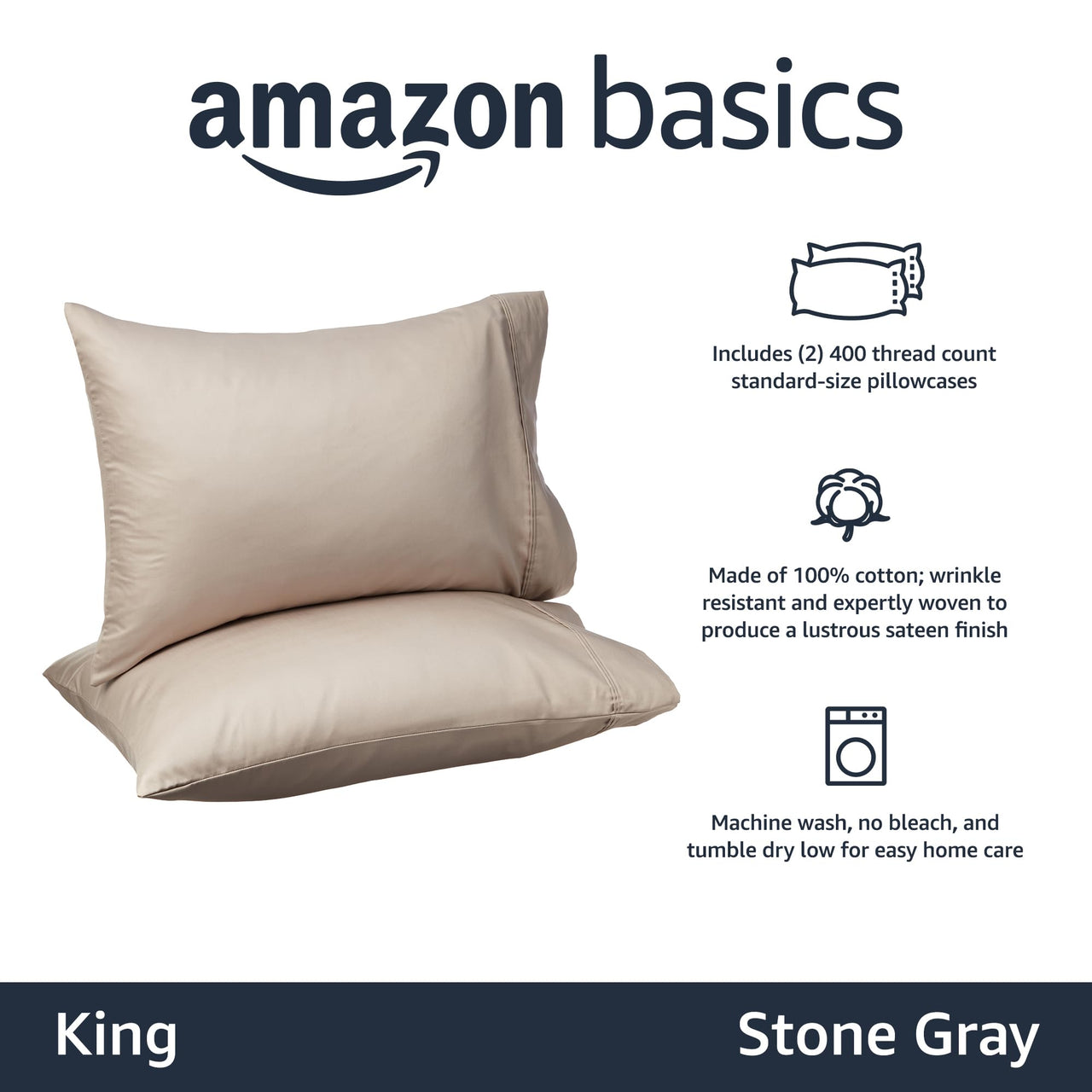 Basics 400 Thread Count Cotton Pillow Cases, King, Set of 2, Stone Gray, 40" L x 20" W, Pillows Not Included