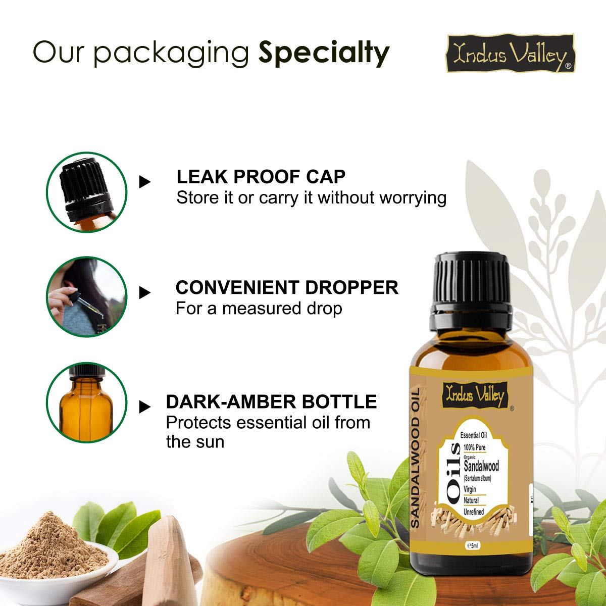 Indus Valley 100% Pure Natural & Organic, Undiluted Sandalwood (Chandan) Essential Oil for Skin, Hair Care - 5 ml