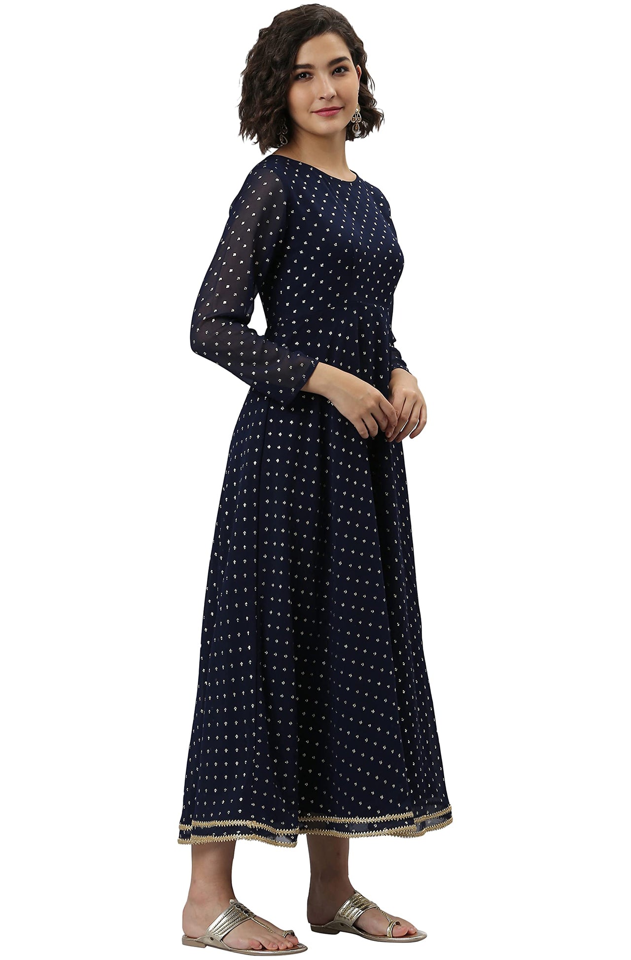 Janasya Women's  Navy Blue Poly Georgette Kurta with Dupatta