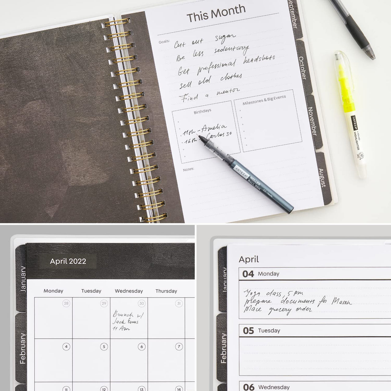 Arteza 2022 Monthly Planner, 205 Inner Pages, Black Brushstroke Design, 9.1 x 7.3 Inches – 12-Month Planner – Office Supplies to Track Plans & Stay Productive Black Cover