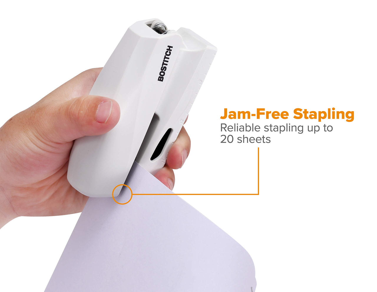 Bostitch Office 20 Sheet Stapler (Include 210 Staples), Small Stapler Size, Fits into The Palm of Your Hand, White (KT-B150-WHITE)
