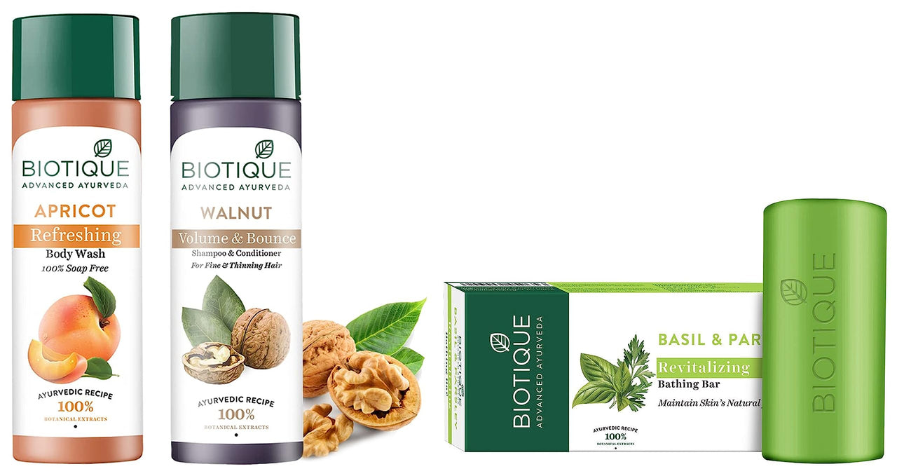 Biotique Bio Apricot Refreshing Body Wash, 190ml & Biotique Basil And Parsley Revitalizing Body Soap, 150g & Biotique Walnut Volume & Bounce Shampoo & Conditioner For Fine & Thinning Hair, 190ml