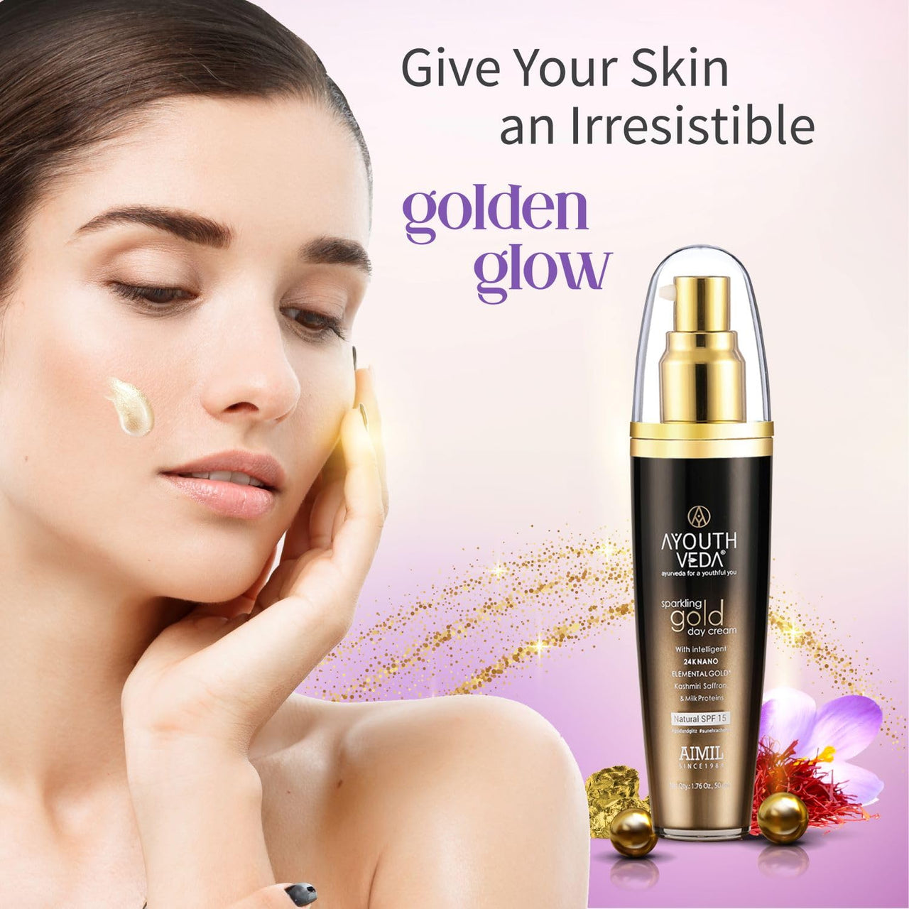 Ayouthveda Sparkling 24K Nano Elemental Gold Day Cream With Natural SPF 15|Provides Golden Glow & Improves Skin Firmness| Blend of Kashmiri Saffron & Milk Cream For All day Use(Pack Of 1-50g)