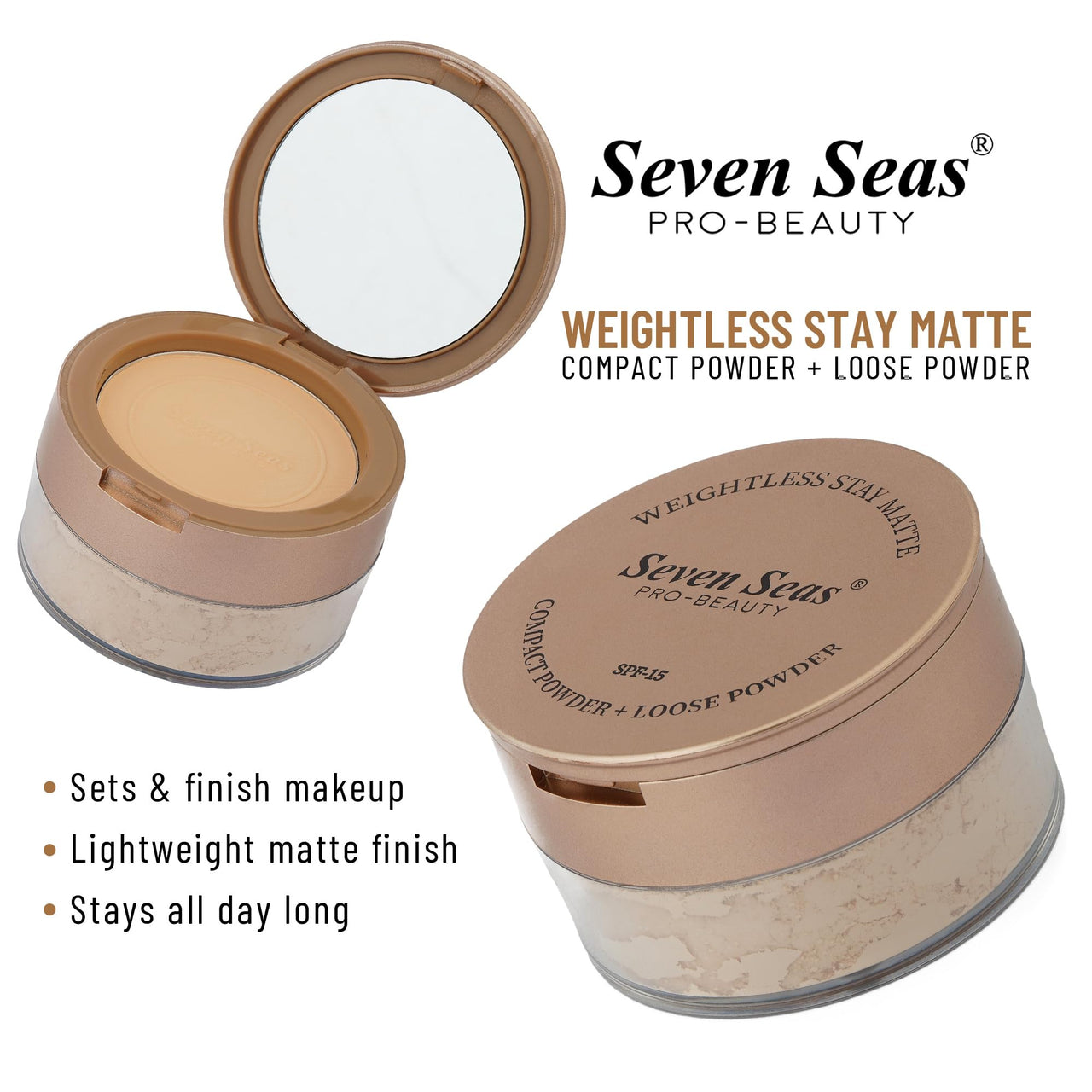 Seven Seas 2 In 1 Weightless Stay Matte Compact Powder | Pressed Powder + Loose Powder | SPF 15 | Non Oily Matte Look | Evens Out Complexion | Hides Imperfections | Blends Effortlessly (Banana)