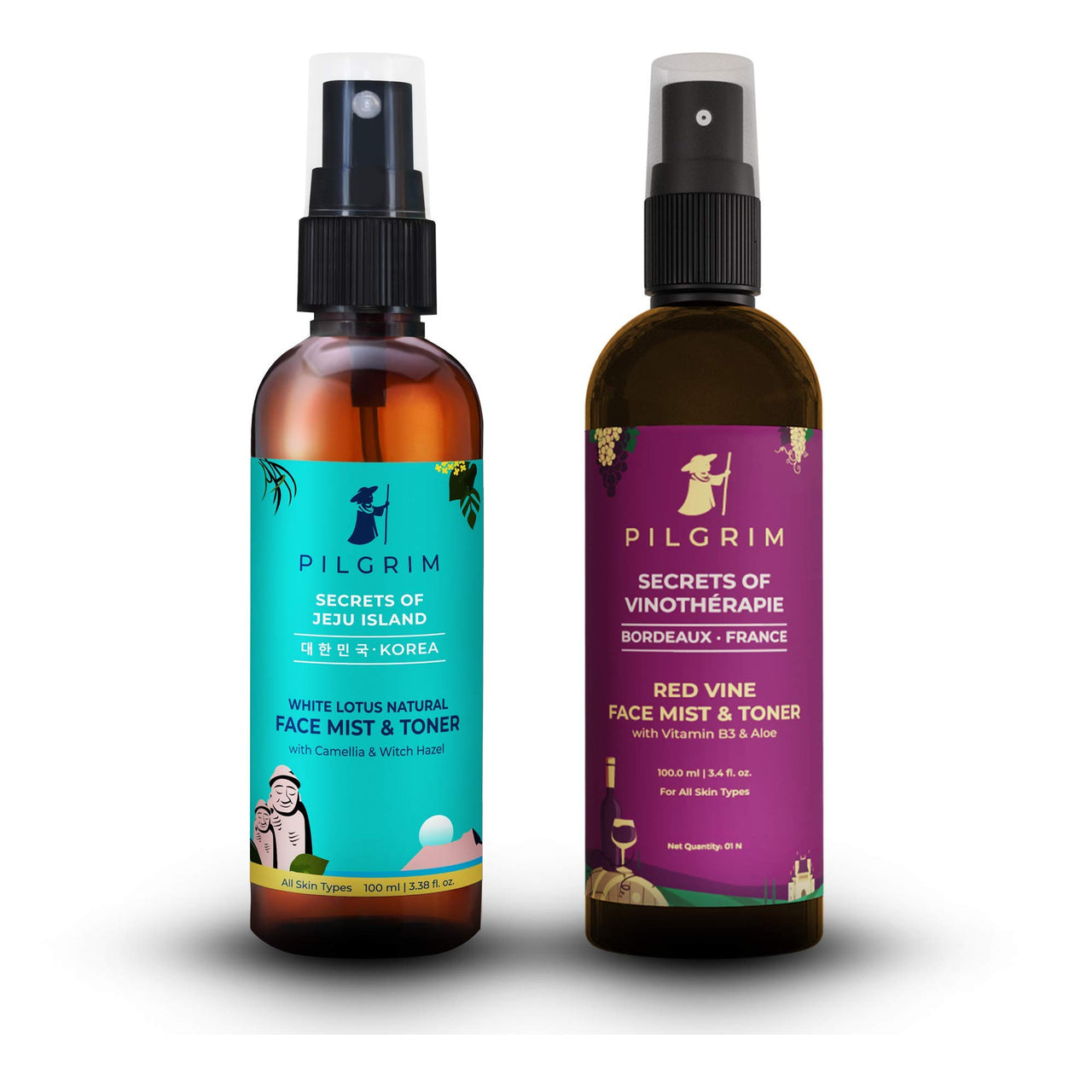 Pilgrim Jeju Alcohol Free Face Toner 100ml + Vino Red Vine Face Toner & Mist Spray 100ml For Pores Tightening, Anti Ageing, Glowing Skin | Combination, Acne Skin, Dry, Oily Skin | Men & Women | Vegan