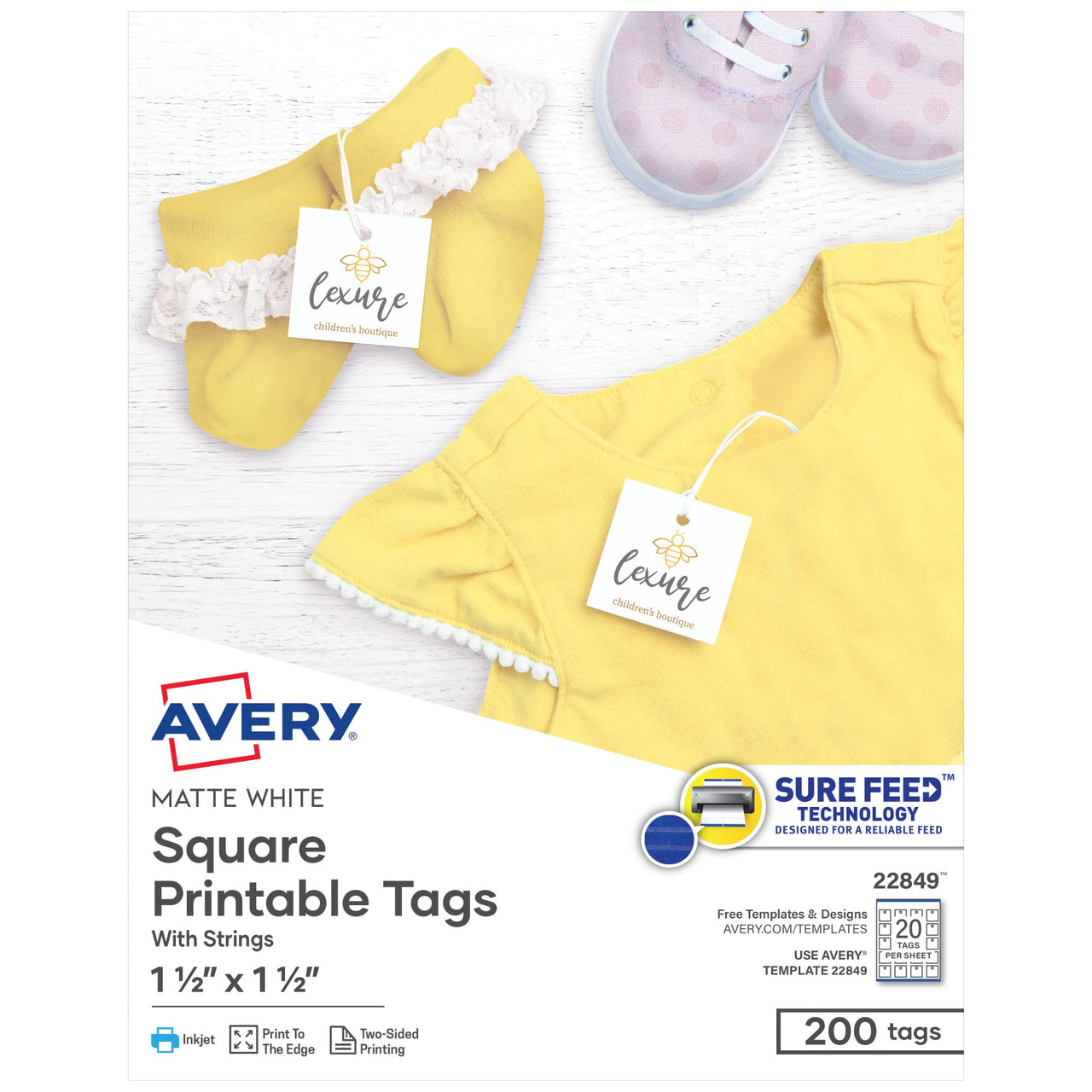Avery Printable Blank Square Gift Tags with Sure Feed, 1.5" x 1.5", White, 200 Customizable Tags with Strings (22849)