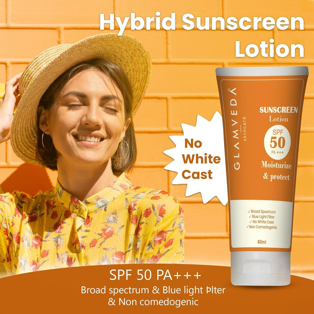 Glamveda Hybrid Sunscreen Lotion Spf 50 PA+++ for Moisturize & Protect | Transparent & Ultra-lightweight Sunscreen | Non-Greasy, Quick-Absorbing | Zero White Cast | For Women & Men | 60ml