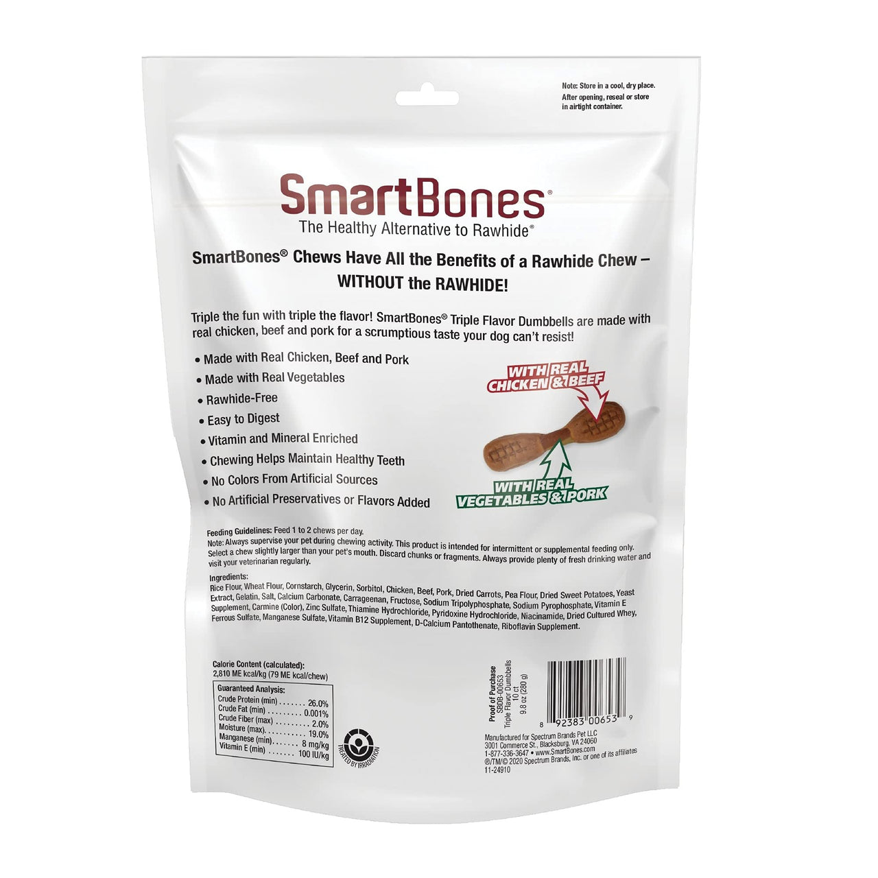 SmartBones Triple Flavor Dumbbells, 10 Count, Rawhide-Free Chews for Dogs, Made with Real Chicken, Beef and Pork 1 Count (Pack of 10)