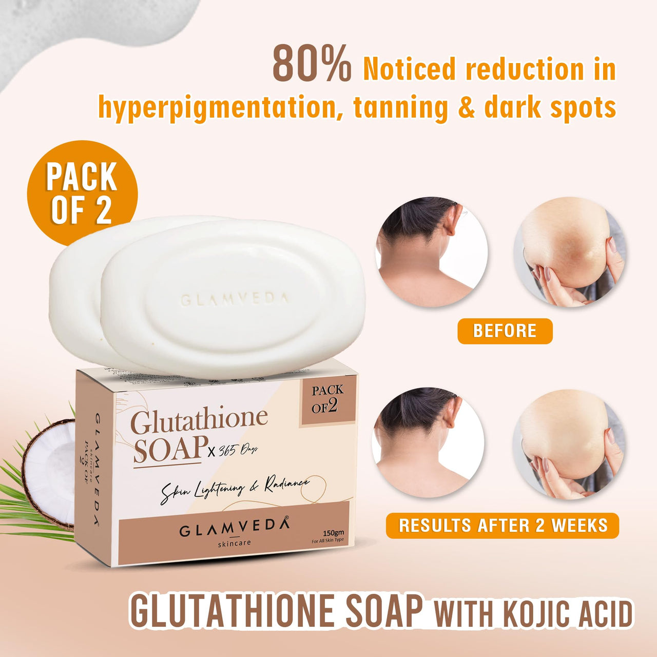 Glamveda Glutathione Skin Lightening & Whitening Soap with Kojic Acid | Works for Dark spots, Acne scars & Hyperpigmentation | Nourishing Soap for radiant & Soft skin (Pack of 2)
