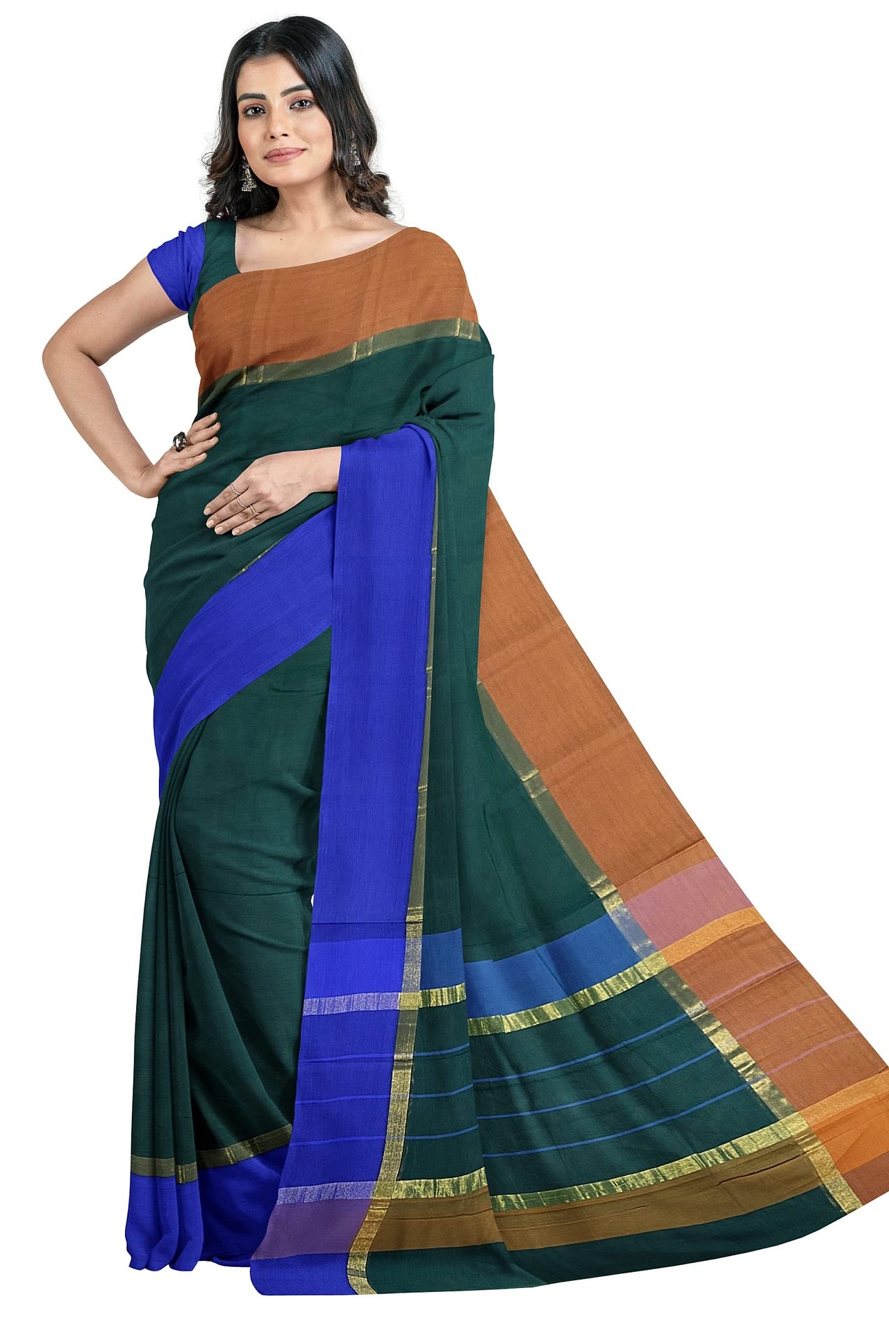 SENSAN Women’s Handloom Kanchi Cotton Saree with Blouse Piece [SKU:430] Light Beige×Navy Blue