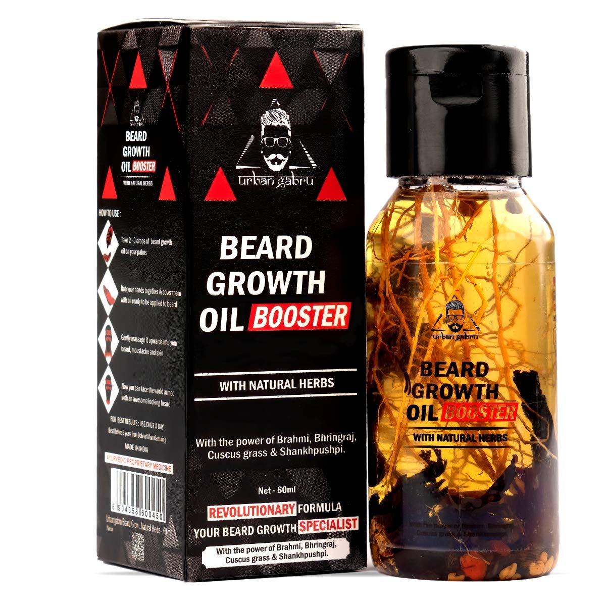 UrbanGabru Beard Booster Growth Oil for Men | Enriched with Natural Herbs & Jadibuti (60 ml) | Paraben Free | Fills Patchy Beard | For Thicker & Longer Beard | Rich in Vitamins & Omega 3, 6, 9