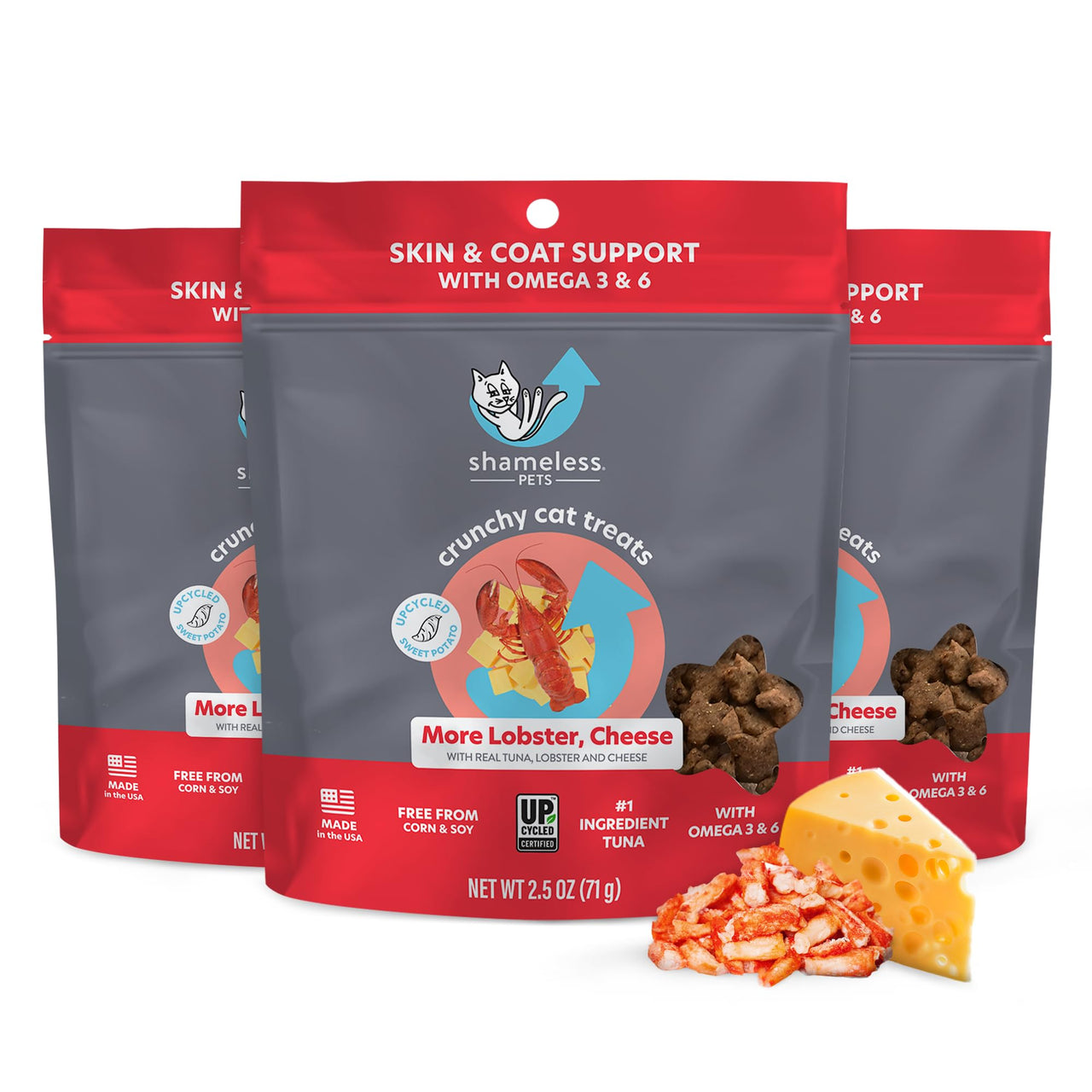 Shameless Pets Crunchy Cat Treats - with Digestive Support, Natural Ingredients Kitten Treats with Real Tuna, Healthy Flavored Feline Snacks - Lobster & Cheese, 3-Pk, Packaging May Vary More Lobster, Cheese 7.5 Ounce (Pack of 1)