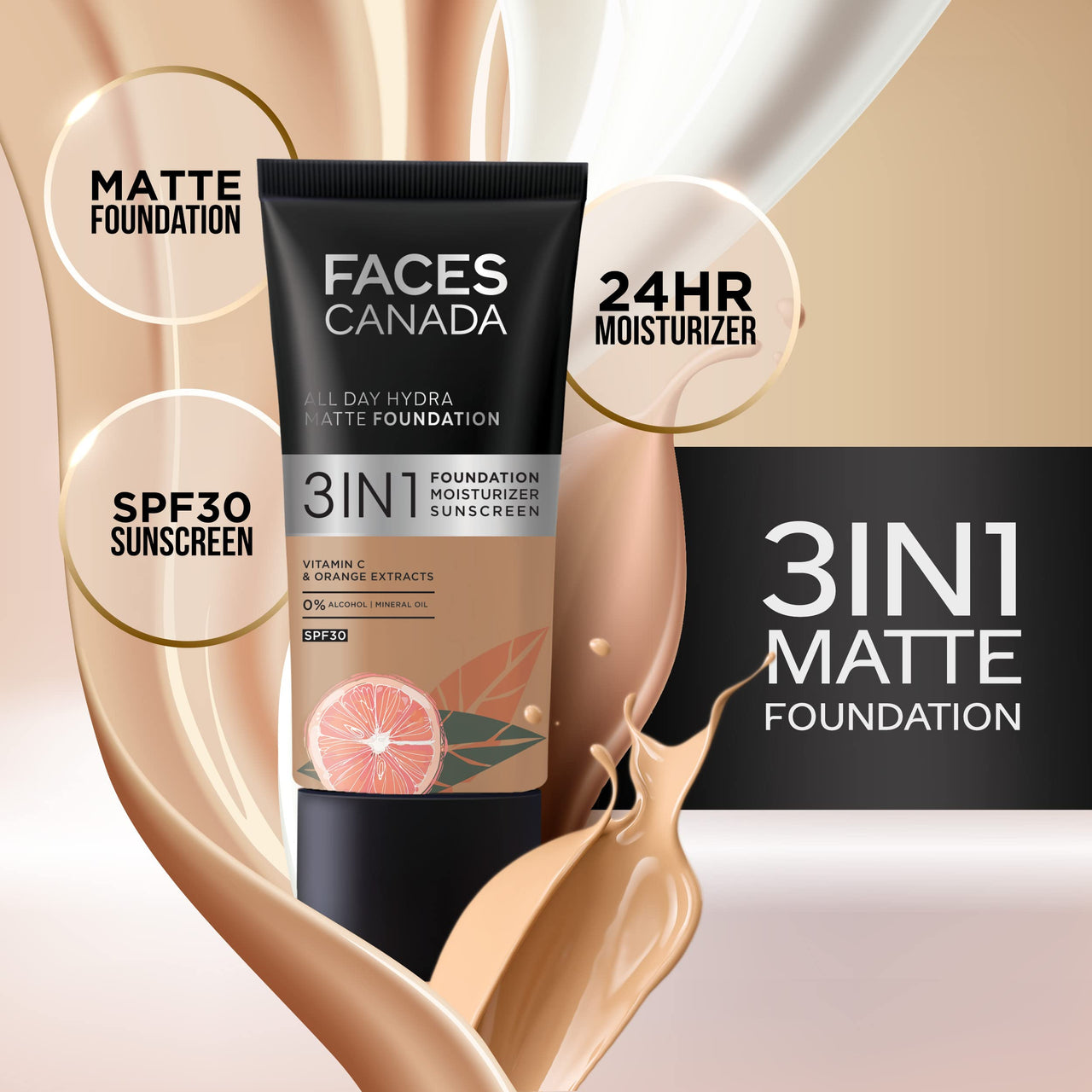 FACESCANADA All Day Hydra Matte Foundation|3-In-1 Foundation + Moisturizer + Spf 30|24 Hr Aloe Hydration & Vitamin C|10Hr Long Wear|Medium To High Buildable Coverage|Medium Natural 022|25Ml - Cream
