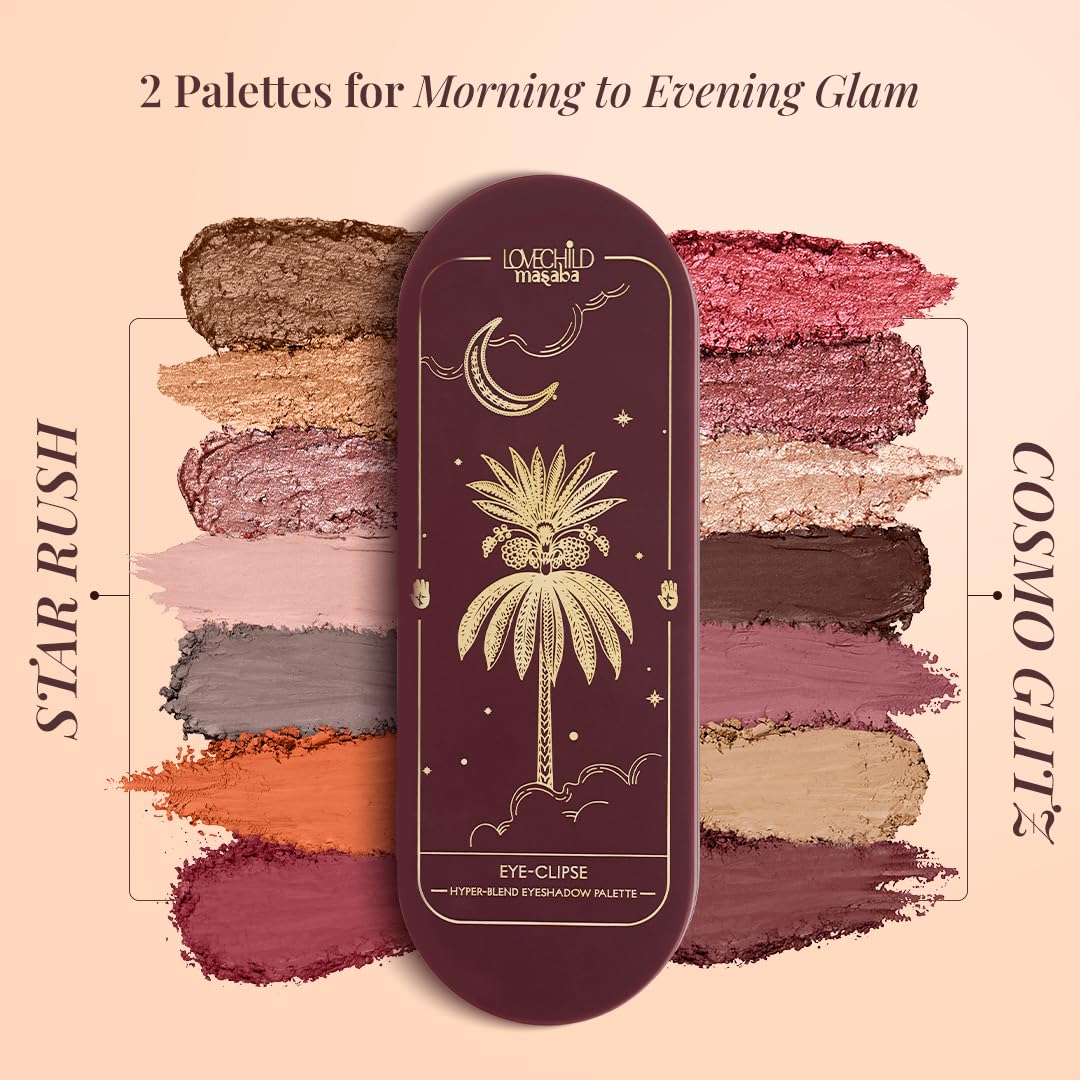 Lovechild Masaba Hyper-Blend Eyeshadow Palette,7-In-1 Matte & Shimmer Colors(Cosmo Glitz),Intense Pigment,Blendable,Infused With Vitamin E & Jojoba Oil,Travel Friendly Eye Makeup,11 G,Multicolour