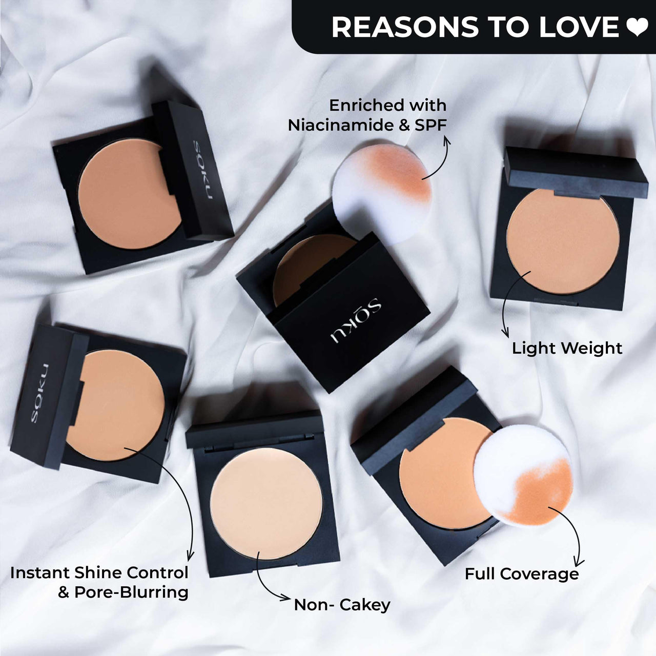 SOKU Wake Up to Make Up Matte Compact Powder with SPF & Castor Oil | Lightweight & Shine Control | Long Lasting| Conceals Imperfections, Provides Even Tone Complexion (Soft Beige 02) - 9 g