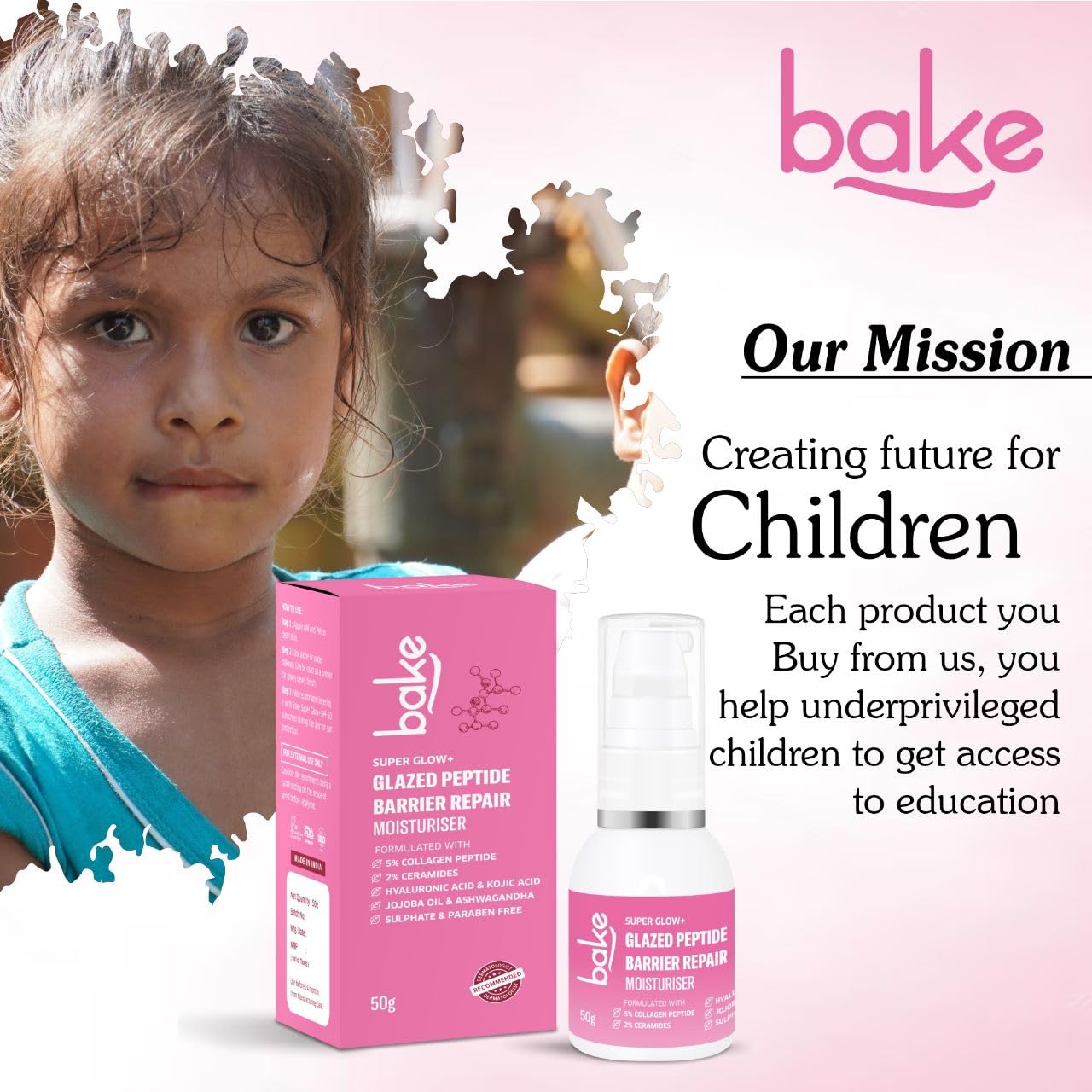 BAKE 5% Multi Peptide & 2% Ceramide Moisturizer with Hyaluronic Acid | Oil Free Barrier Repair Moisturizer | Lightweight & Non Sticky | 50g