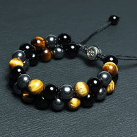 Triple Crystal Protection Bracelet, Handmade Bracelets, Obsidian Tiger Eye and Hematite Stone 10mm Bracelets for Men Women, Healing Crystal Bracelets, Natural Stone Beaded Bracelets Bring Luck 10mm Yellow Tiger Eye