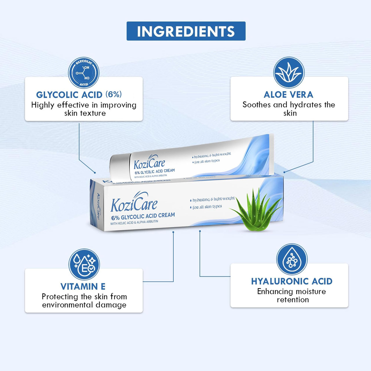 Kozicare Glycolic Acid Face Cream 6% | Anti Wrinkles & Anti-Ageing Brightening Cream | Reveal Radiant Skin | Glycolic Acid, Aloe Vera, & Vitamin E | Women's & Men's Face Cream - 15gm