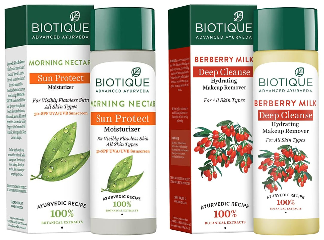 Biotique Bio Morning Nectar Sunscreen Ultra Soothing Face Lotion, SPF 30+, 120ml & Bio Berberry Hydrating Cleanser For All Skin Types, 120ml