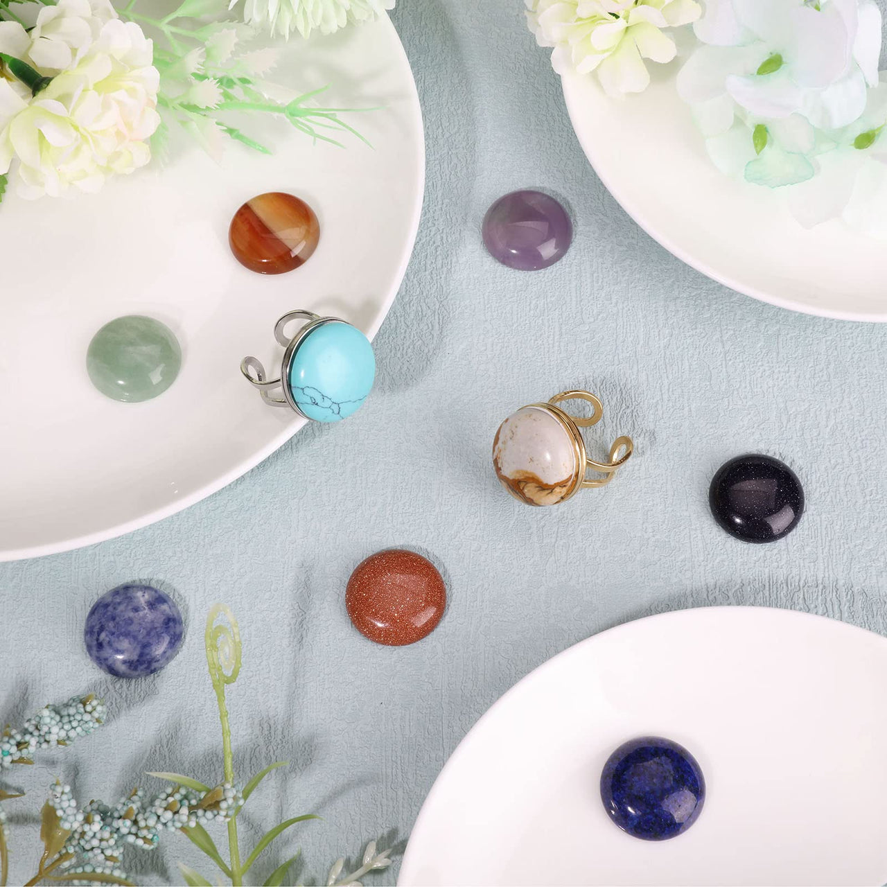 SUPERFINDINGS 16PCS Half Round Gemstones Cabochon 20mm Flat Back Gemstone Cabochons 16 Color Healing Quartz Chakra Crystal Stone for Bracelet Necklace Jewelry Making 16 Colors