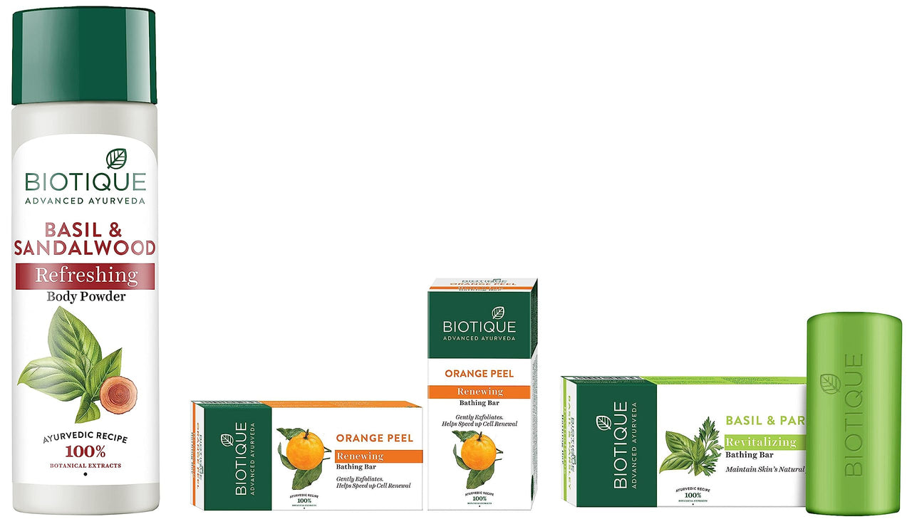 Biotique Bio Basil and Sandalwood Refreshing Body Powder, 150g & Biotique Basil And Parsley Revitalizing Body Soap, 150g & Biotique Bio Orange Peel Revitalizing Body Soap, 150g