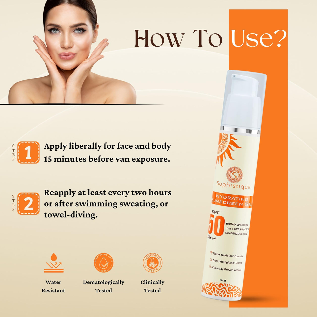 SOPHISTIQUE Hydrating Sunscreen Gel SPF 50 PA+++ for Oily Skin, UVA+UVB Protection, Oxybenzone Free, Water Resistant, Dermatologically Tested, Sunscreen SPF50 for Dry & Combination Skin, 50 m, Pack of 1