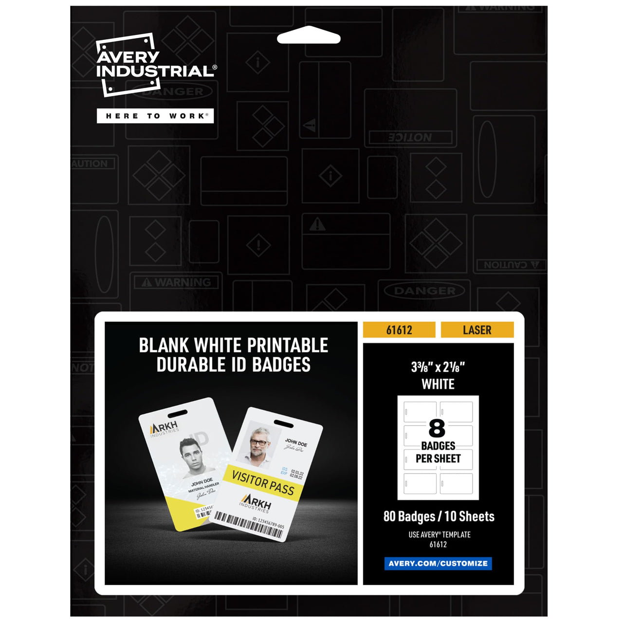 Avery Durable Tall ID Badges for Lanyards, Laser Printable on Both Sides, Blank White, 80 Total, 3.375" x 2.125" (61612)