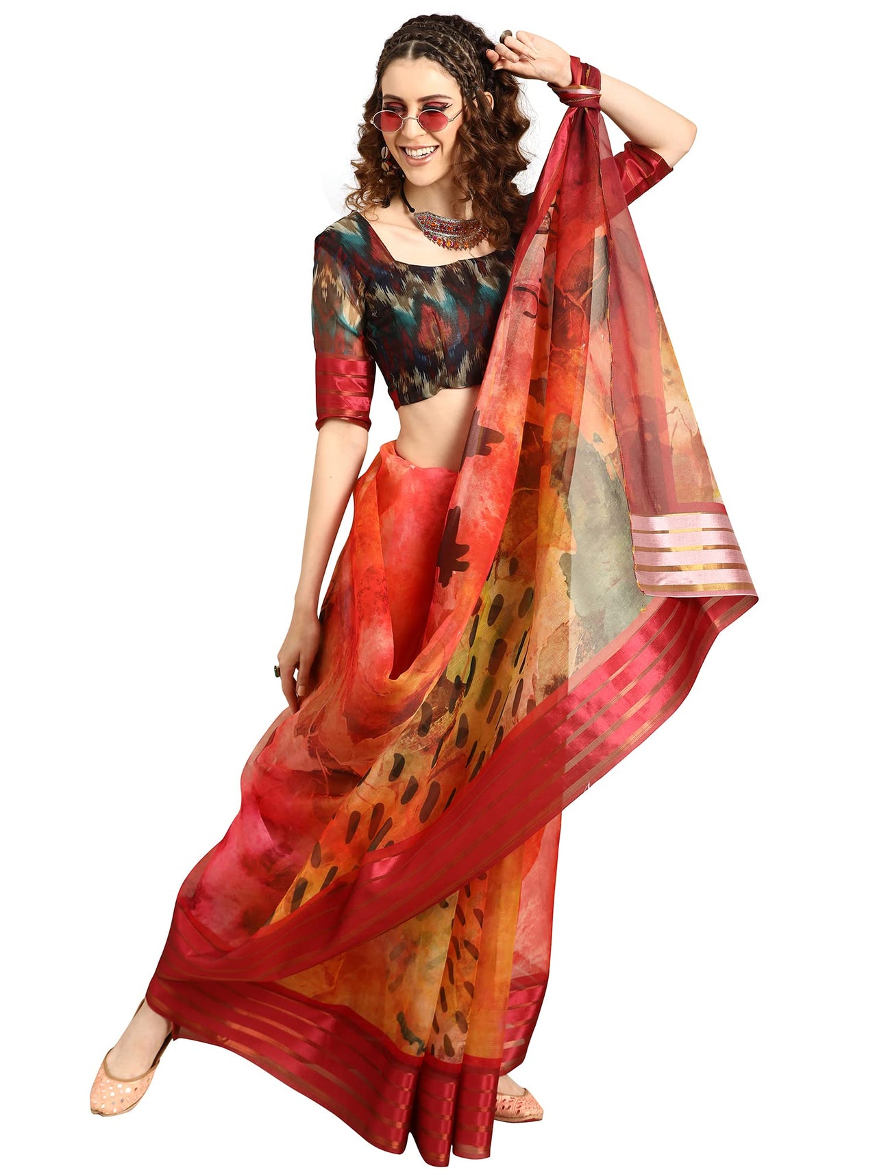 AKHILAM Women's  Knit Floral Printed Organza Saree with Unstitched Blouse Piece (FF0SAGE10_Parent)