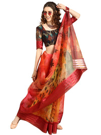 AKHILAM Women's  Knit Floral Printed Organza Saree with Unstitched Blouse Piece (FF0SAGE10_Parent)