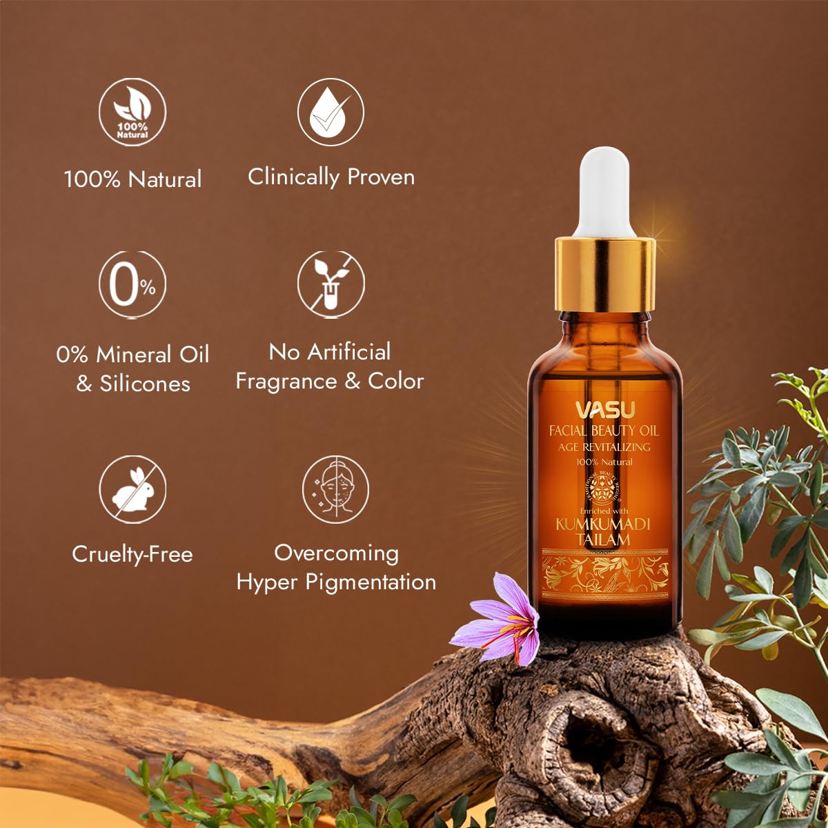 Vasu Facial Beauty Oil enriched with Kumkumadi Tailam - 100% Natural Face Oil, Gives Natural Glow to Your Face, A Unique Blend of 5 Precious Oils with Potent Herbs - 25 ml