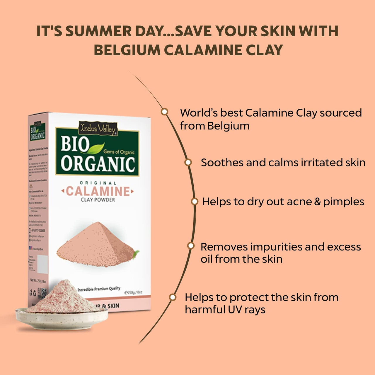 INDUS VALLEY Bio Organic 100% Natural Calamine Clay Powder | Healing Clay for Face & Skin Care (250 gm)