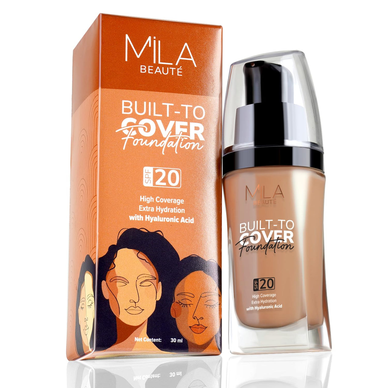 Mila Beauté Built to Cover Liquid Foundation I Medium to Buildable Coverage I Matte Finish I Lightweight I SPF 20 I Super Hydrating with Hyaluronic Acid (D-1-Caramel, 30ml)