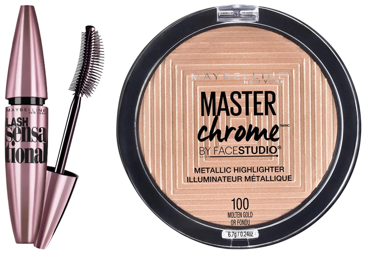 Maybelline New York Face Studio Master Chrome Metallic Highlighter, Molten Gold, 6.7g & Maybelline New York Lash Sensational Waterproof Mascara, Black, 10 ml
