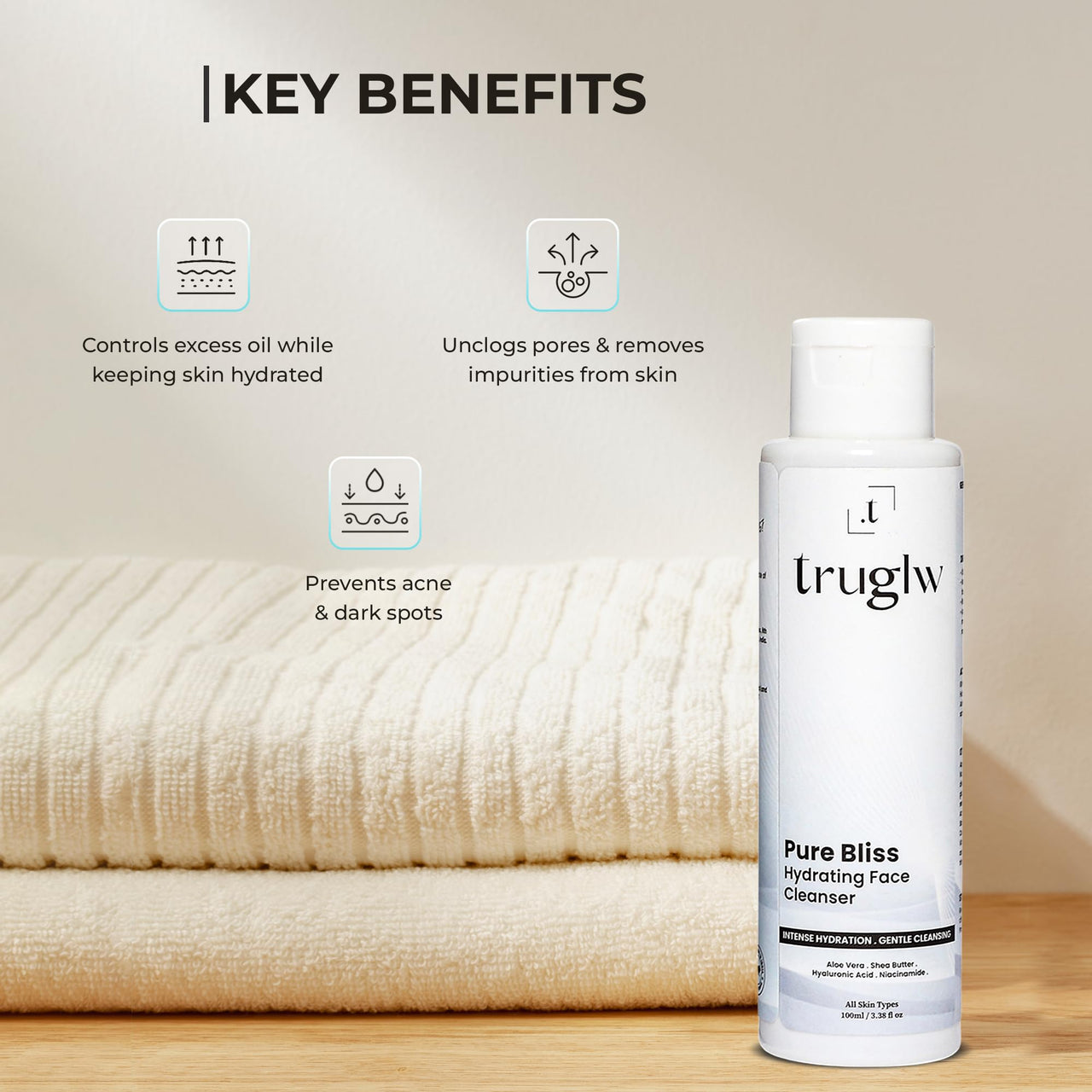 Truglw Daily Face Cleanser, Deeply Hydrates With 2% Niacinamide, Hyaluronic Acid, Aloe Vera, Calms Irritation, Supports Skin Barrier, For Acne-Prone, Dry or Sensitive Skin - 100ml