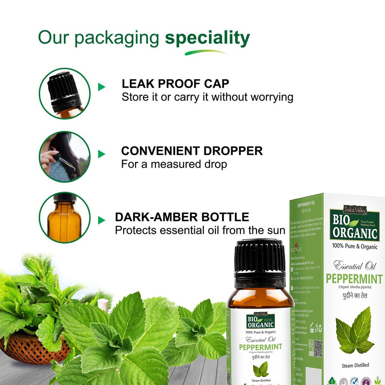 Indus Valley 100% Pure Natural & Organic, Undiluted Peppermint Essential Oil with Glass Dropper for Skin, Hair Care -15ml