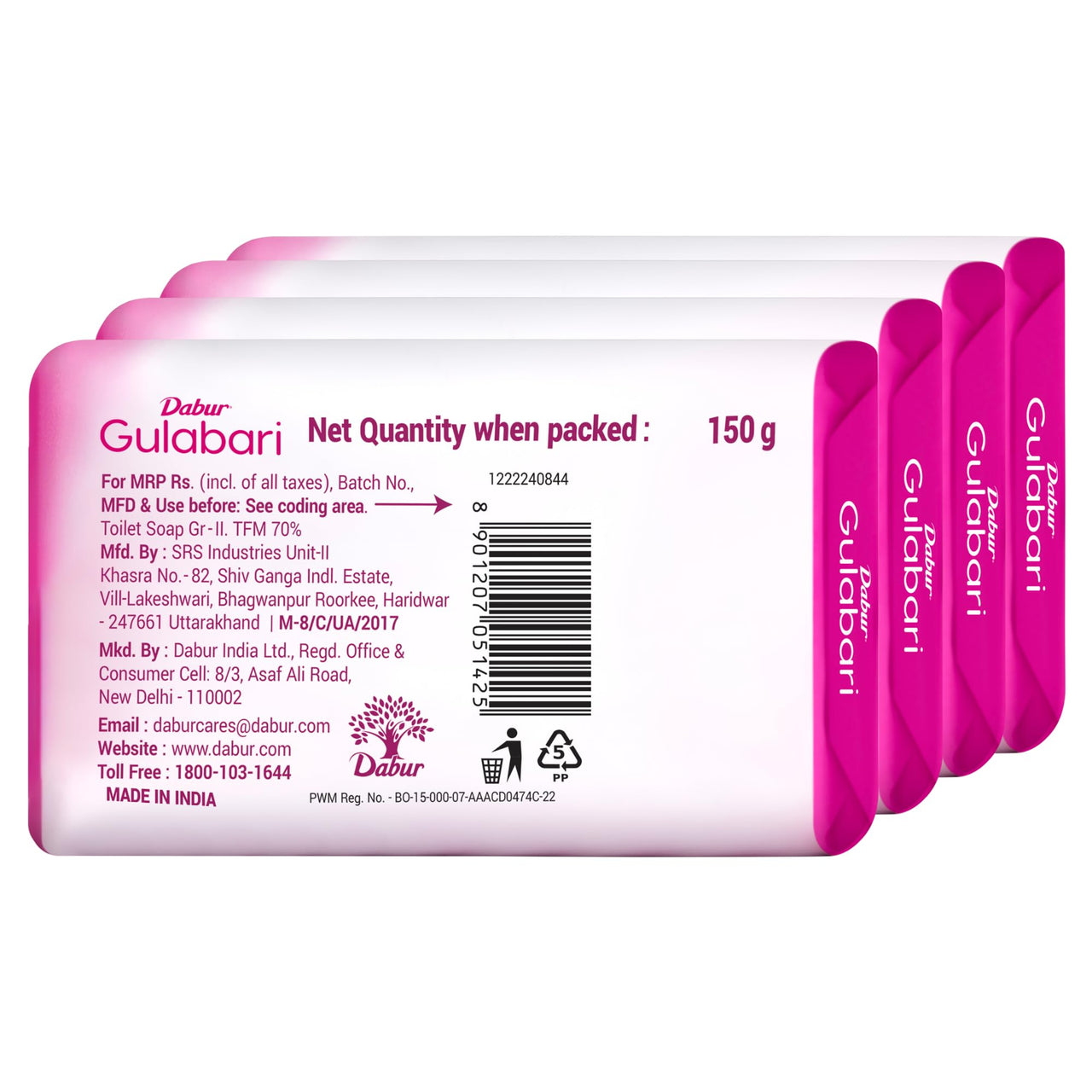 Dabur Gulabari Pure Rose Soap 150g (Pack of 8) | Moisturizing Bathing Soap for Radiant Rose Glowing Skin & Body | Pure Rose Extract, Glycerine & Niacinamide | Long Lasting Fragrance | For Men & Women