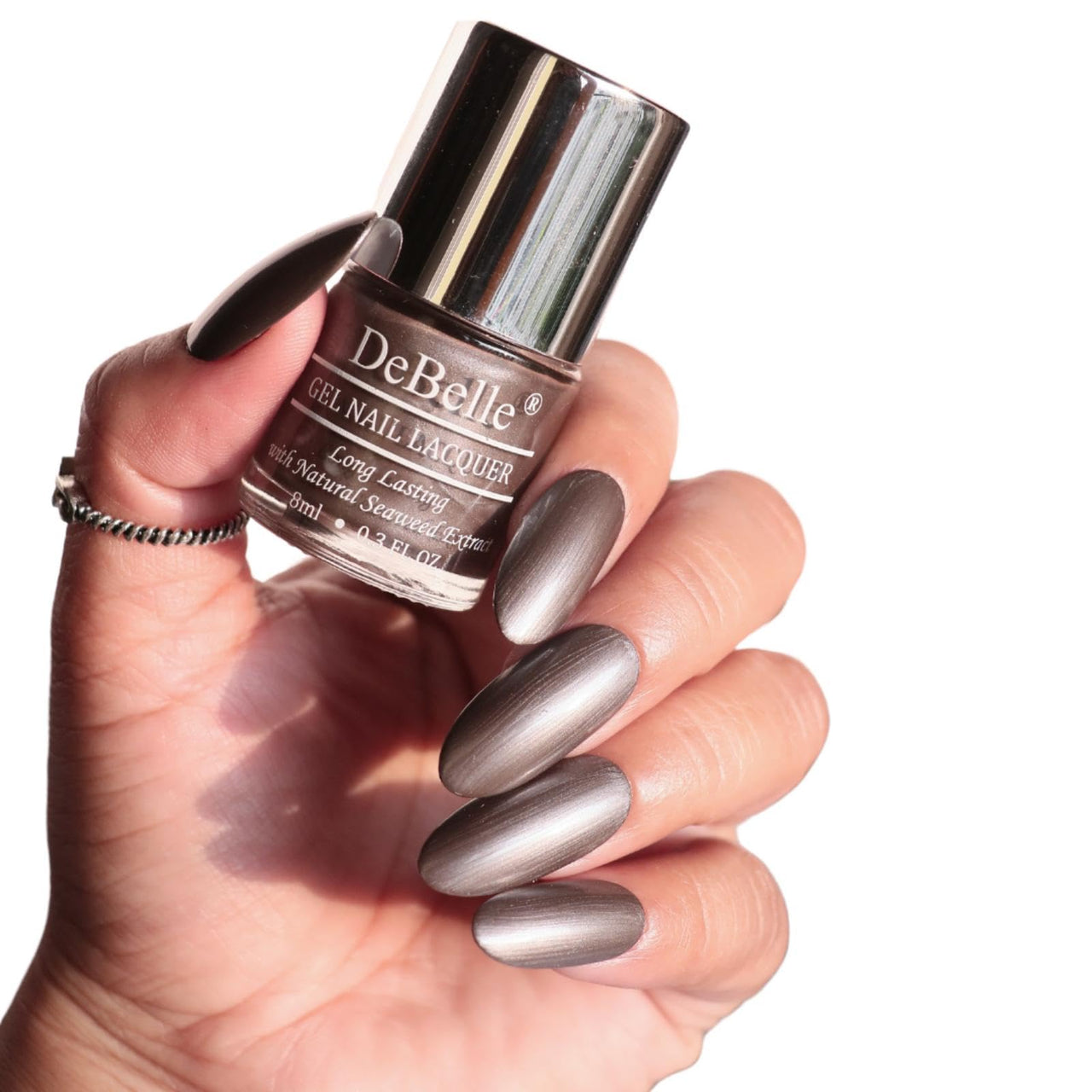 DeBelle Gel Nail Polish Polaris (Dark Metallic Grey Nail Paint)|Non UV - Gel Finish |Chip Resistant | Seaweed Enriched Formula| Long Lasting|Cruelty and Toxic Free| 8ml