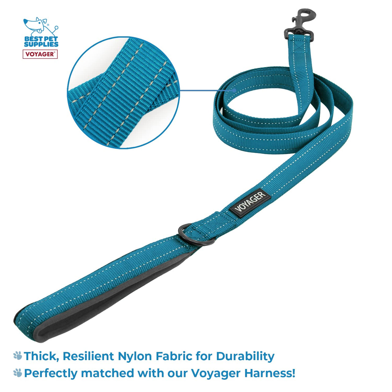 Voyager Reflective Dog Leash Collar Set with Neoprene Handle Supports Small, Medium, and Large Breed Puppies, Cute and Heavy Duty for Walking, Running, and Training - Turquoise, S Leash Collar Set (Turquoise) Leash Collar Set (5/8")