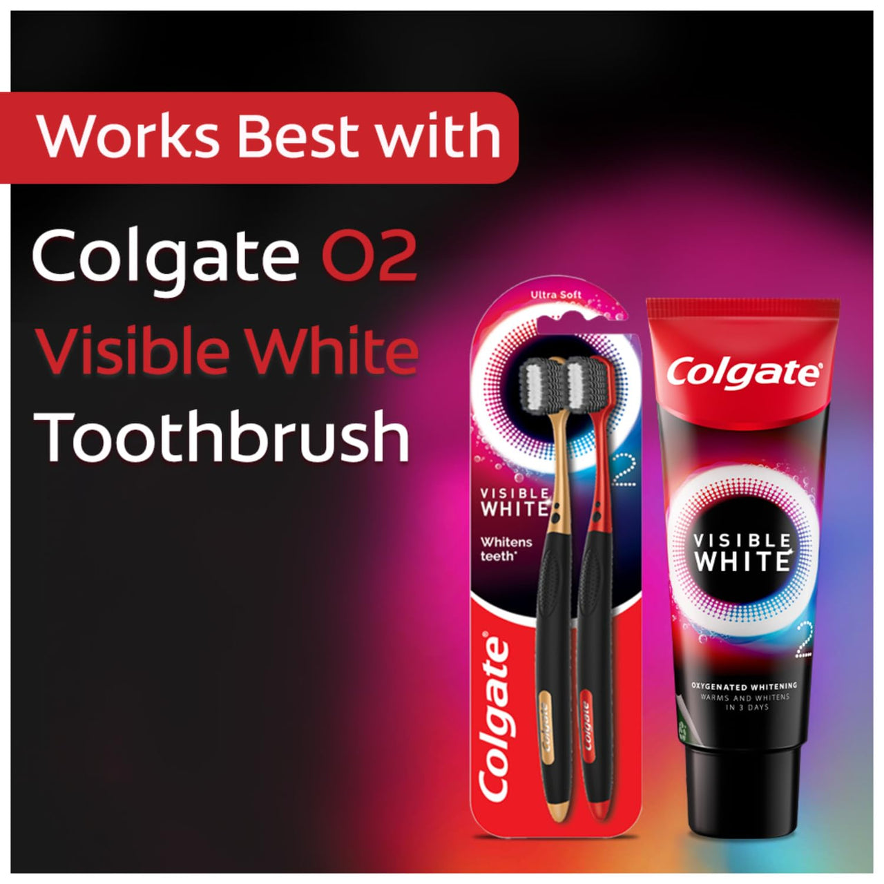 Colgate Visible White O2, Teeth Whitening Toothpaste (50g) for noticeably whiter teeth starting in 3 days. Peppermint Sparkle with Active Technology, Enamel Safe Teeth Whitening (Pack of 2)