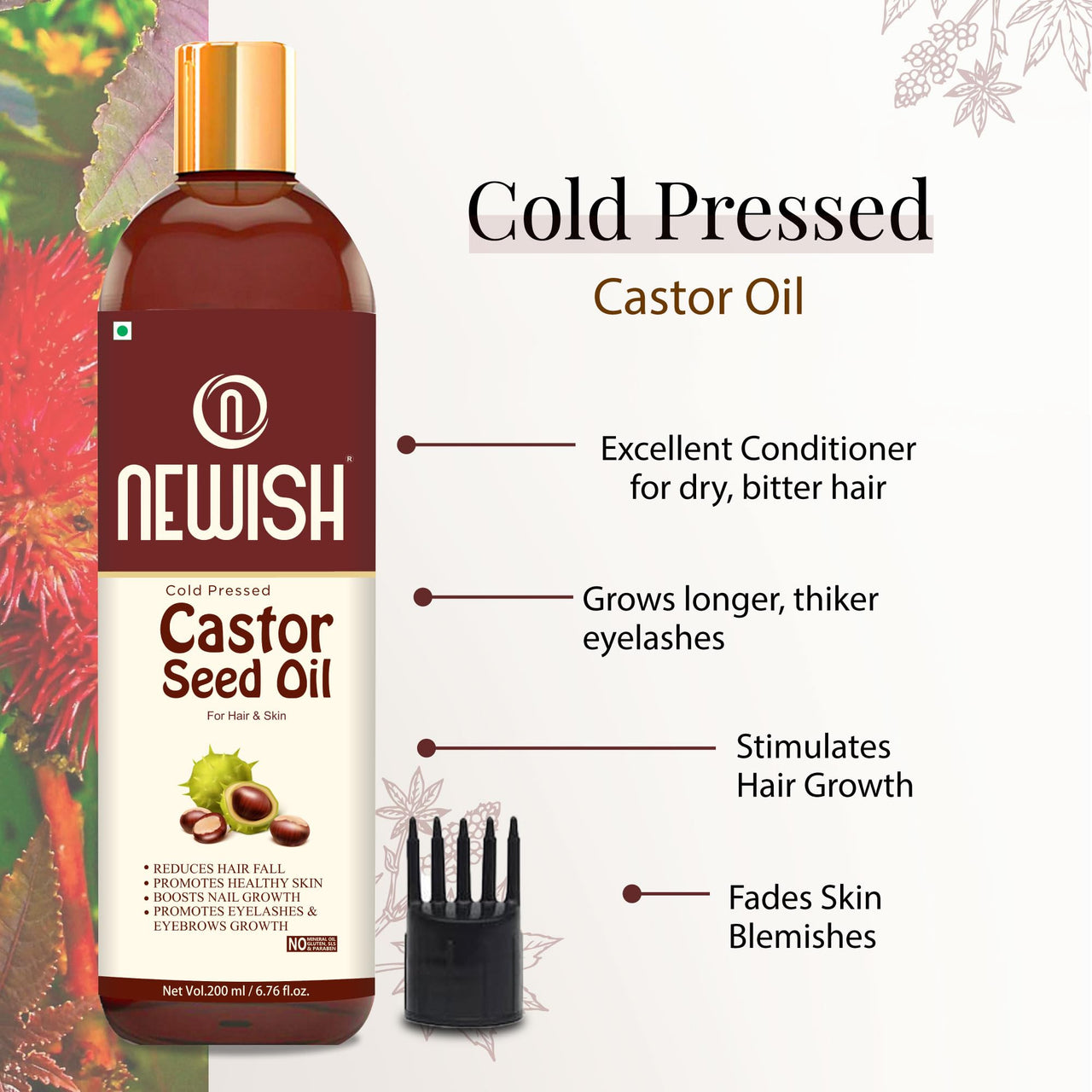 Newish Cold Pressed Castor Oil for Hair Growth, Skin & Eyebrows |Pure & Organic Arandi Oil |Promotes Thicker, Longer Hair & Repairs Cracked Heels - 200ml