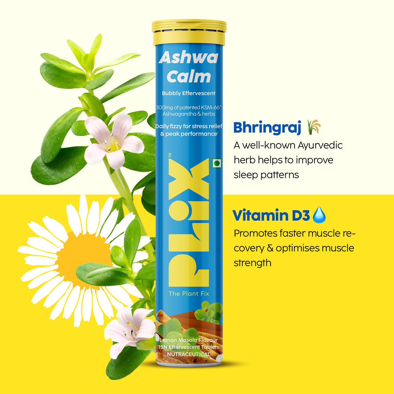 PLIX- THE PLANT FIX | KSM-66 Ashwagandha Gold Standard Effervescent (300 mg) | Brahmi & Bhringraj helps relieve stress & boosts performance| Promotes Calmness, Increase Mental Acuity, & Muscle Recovery (45 Tabs) (Pack of 3)