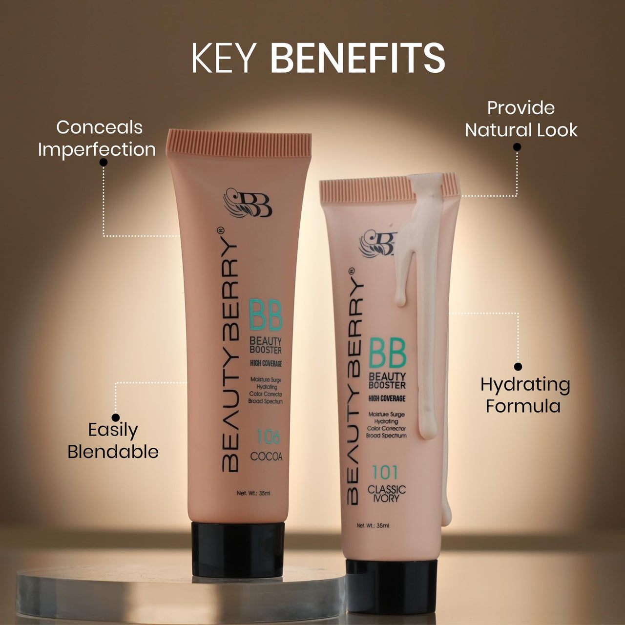 Beauty Berry Beauty Booster High Coverage Foundation | Lightweight Natural Finish | Easily Blendable | Long Lasting Liquid Foundation for Women (Classic Ivory, 35ml)