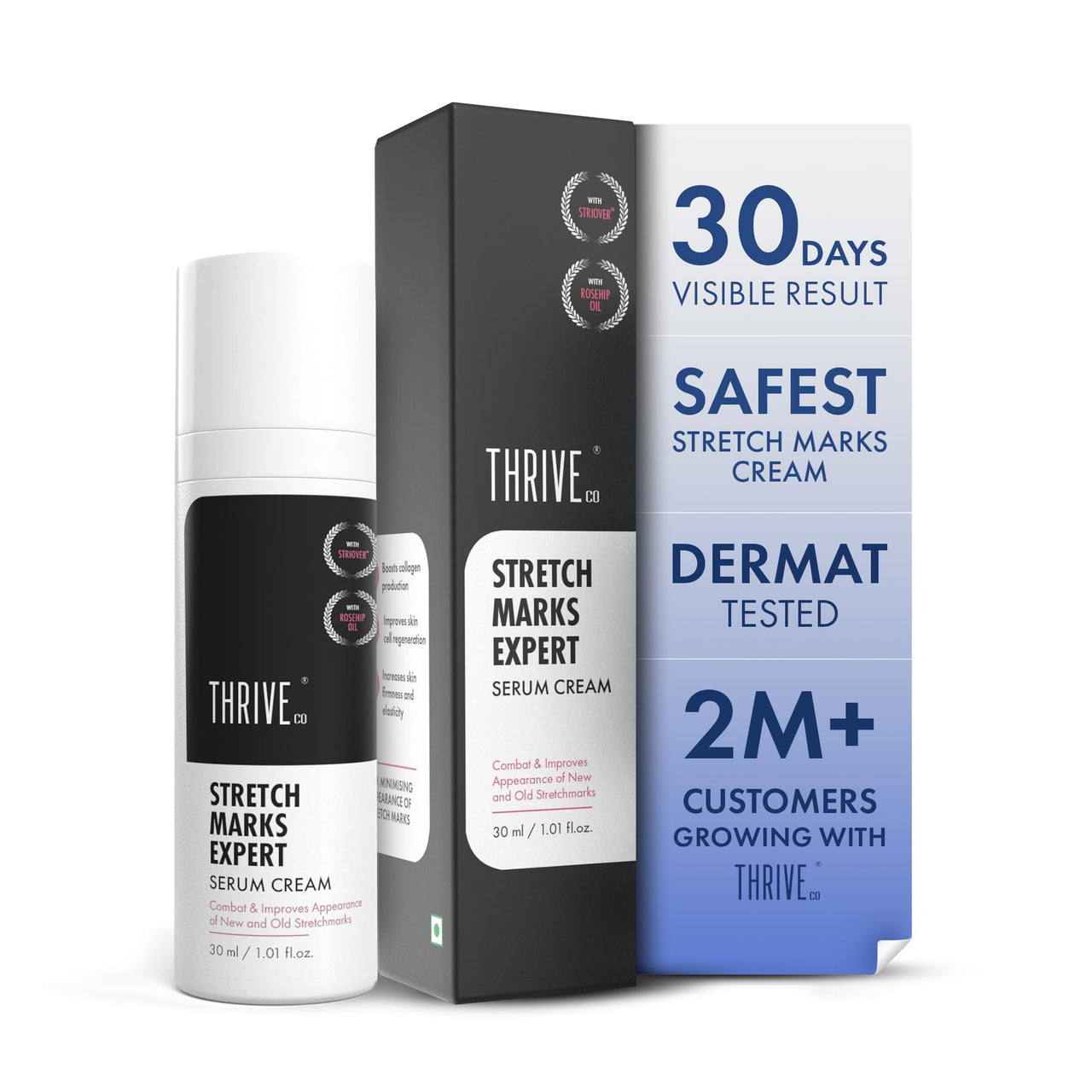 ThriveCo Stretch Marks Expert Serum Cream | For New (red) & Old (white) Stretch Marks Removal & Skin Hydration | Powered by Striover™, Rosehip Oil & Squalane | For Men & Women | 30ml