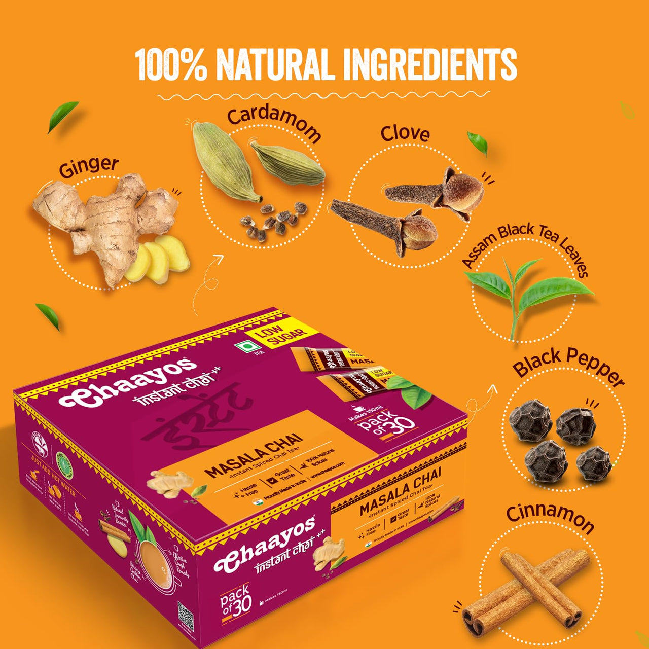 Chaayos Instant Tea Premix - Masala Flavour - Low Sugar (30 Sachets) | Masala Chai | Assam Tea | Flavored Tea Powder - 0.47 Kg