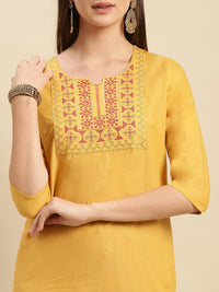 rangita Women 100% Cotton Yoke Zari Embroidered Knee Length Straight Kurti