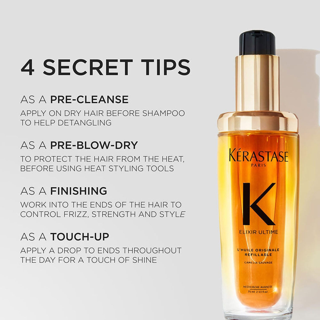 Kérastase Elixir Ultime Hair Oil-In-Serum 75ml | For All Hair Types | 2X Shinier Hair | 96H Anti-Frizz Action | Infused with French Camellia, Marula and Argan Oils