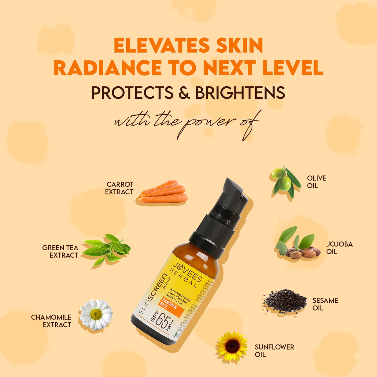 Jovees Sunscreen Face Serum SPF 65 PA+++ Broad spectrum Sun protection with Green tea, Carrot and Sunflower extract | Lightweight & Oil Free | For Oily & Acne Prone Skin 30ml Pack of 2